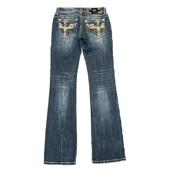 MISS ME WOMENS JEANS SZ 28 MID RISE BOOTCUT JP5727B5 LOVE PEACE DISTRESSED - Picture 2 of 10